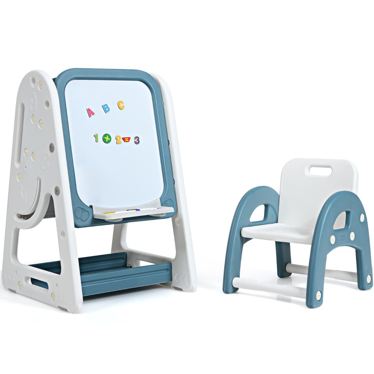 Costway2en1 Tableau Magnétique Enfant Double Face avec Tabouret Etagère de Livres Hauteur Réglable Blanc et Bleu