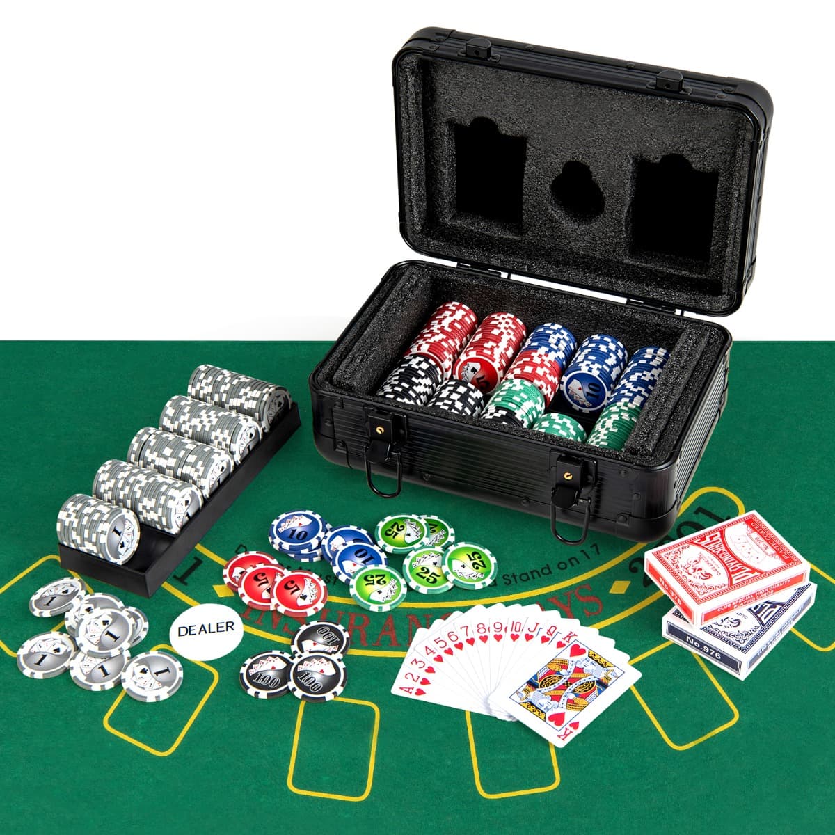 CostwayJeu de Jetons de Poker Texas Hold’em 300 Jetons de Poker de Casino 2 Jeux de Cartes Jeton de Croupier Tapis Feutre Mallette Aluminium Noir