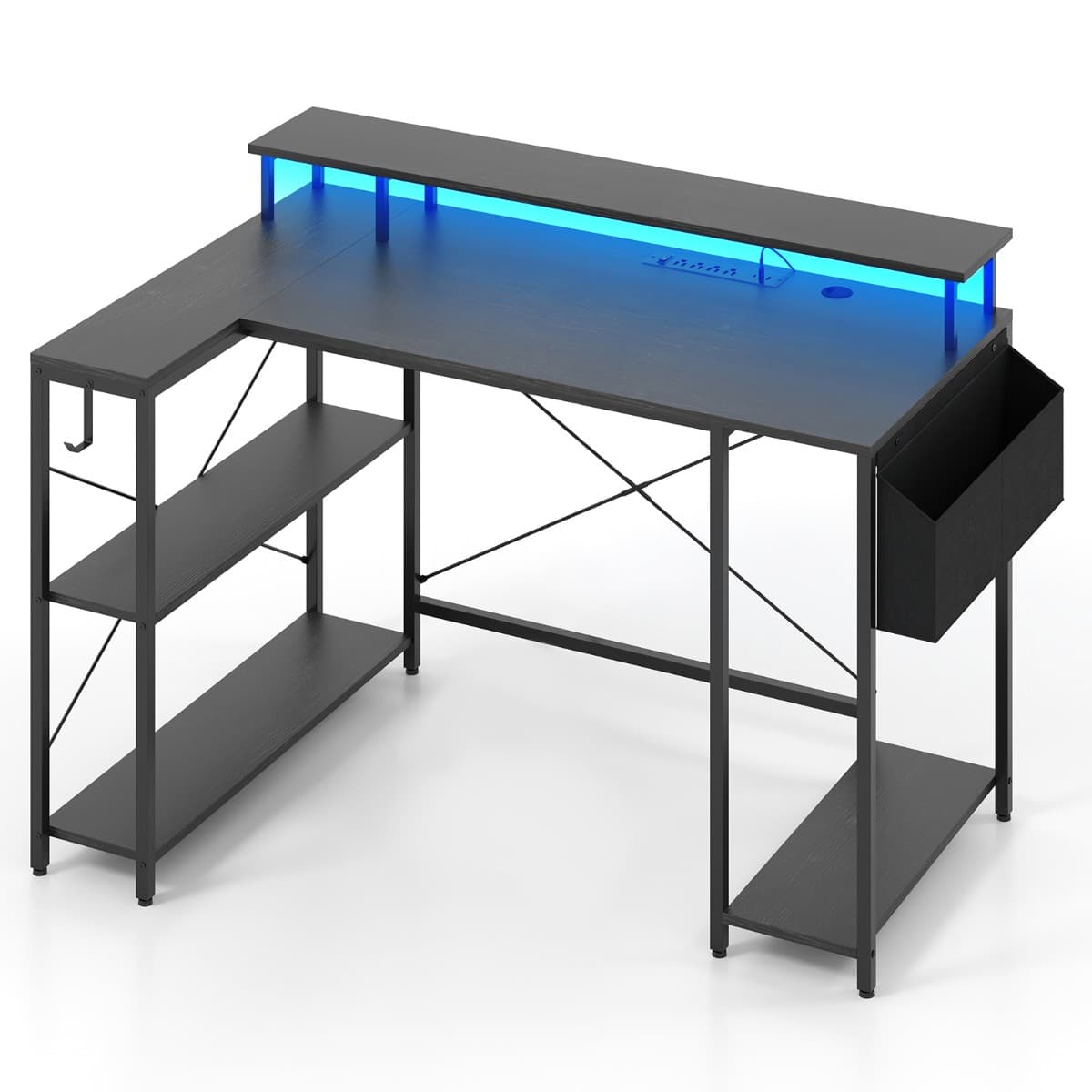 CostwayBureau de Jeu d’Angle 120 cm avec Lumières LED et Prises de Courant Etagères de Rangement et Support d’Ecran Noir