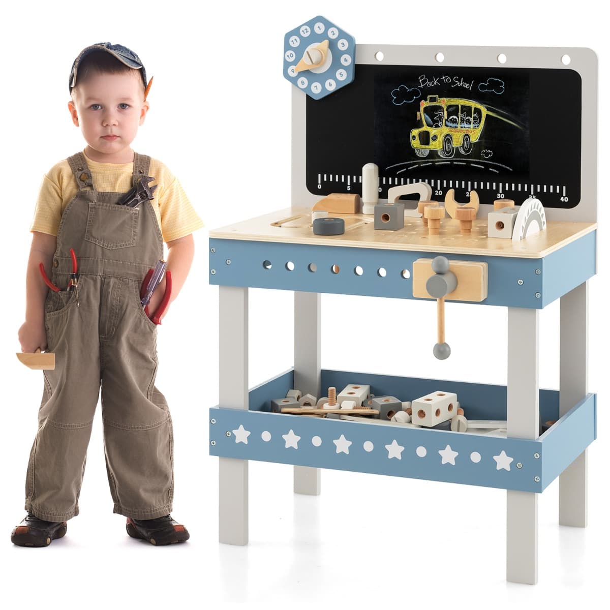 CostwayEtabli de Jeu pour Enfants Table à Outils en Bois avec 61 Pièces Jouets de Construction Atelier de Jouets de Simulation pour 3-5 Ans Bleu