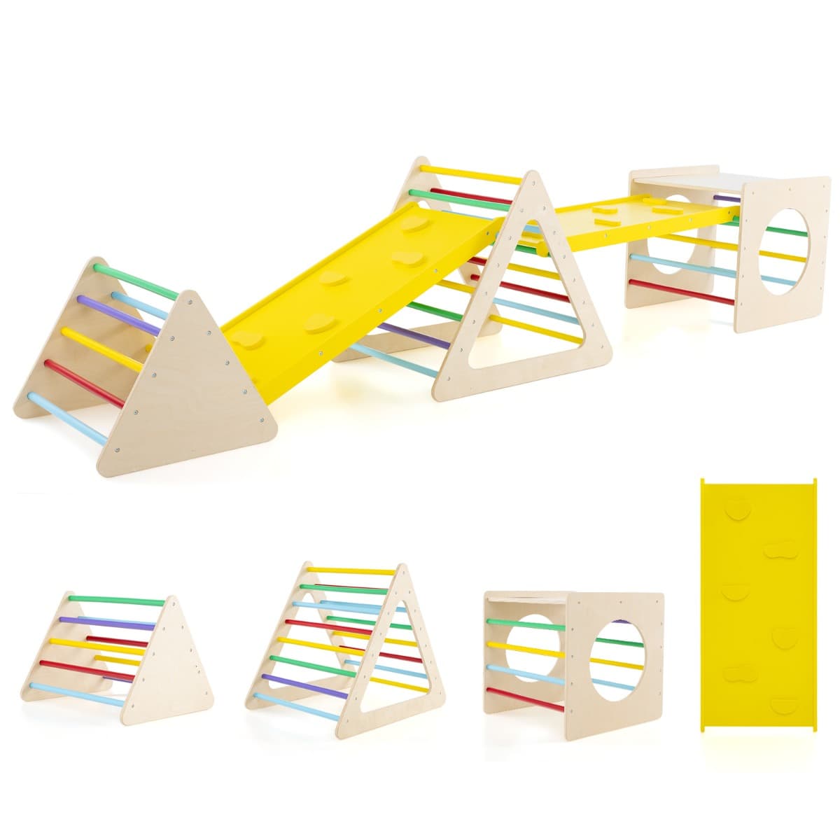 Costway5 en 1 Aire de Jeux d’Escalade Montessori avec 2 Toboggans Réversibles Triangle d'Escalade en Bois Enfants avec Cadre Solide Charge 60kg