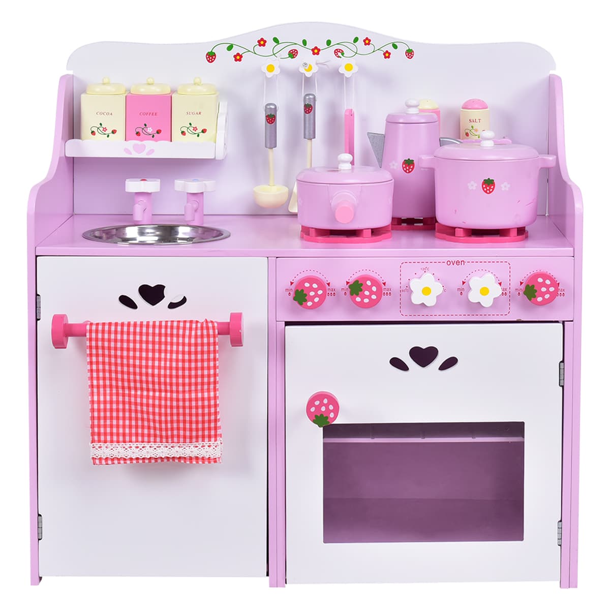 CostwayCuisine pour Enfant en Bois Cuisine de Jouets Cuisine de Jeux Cuisine Éducatif Jeux de Rôle rose et blanc