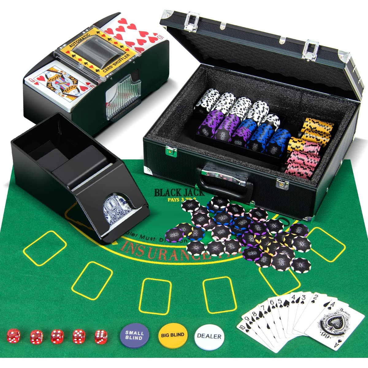 CostwayEnsemble de Jetons de Poker de Casino avec 300 Jetons 2 Jeux de Cartes 5 Dés et 3 Boutons de Croupier Feutre de Poker Mélangeur Automatique de