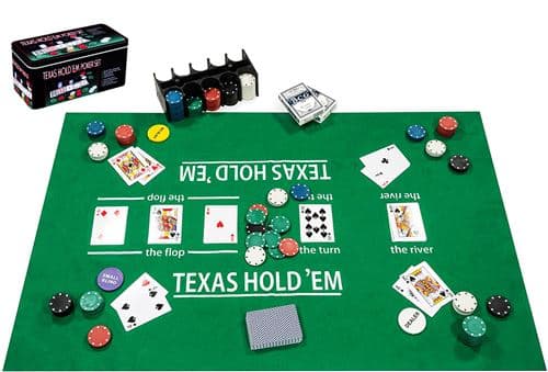 Set de Poker Complet – Boîte en Métal avec Tapis, 200 Jetons, 2 Jeux de Cartes, Boutons et Règles