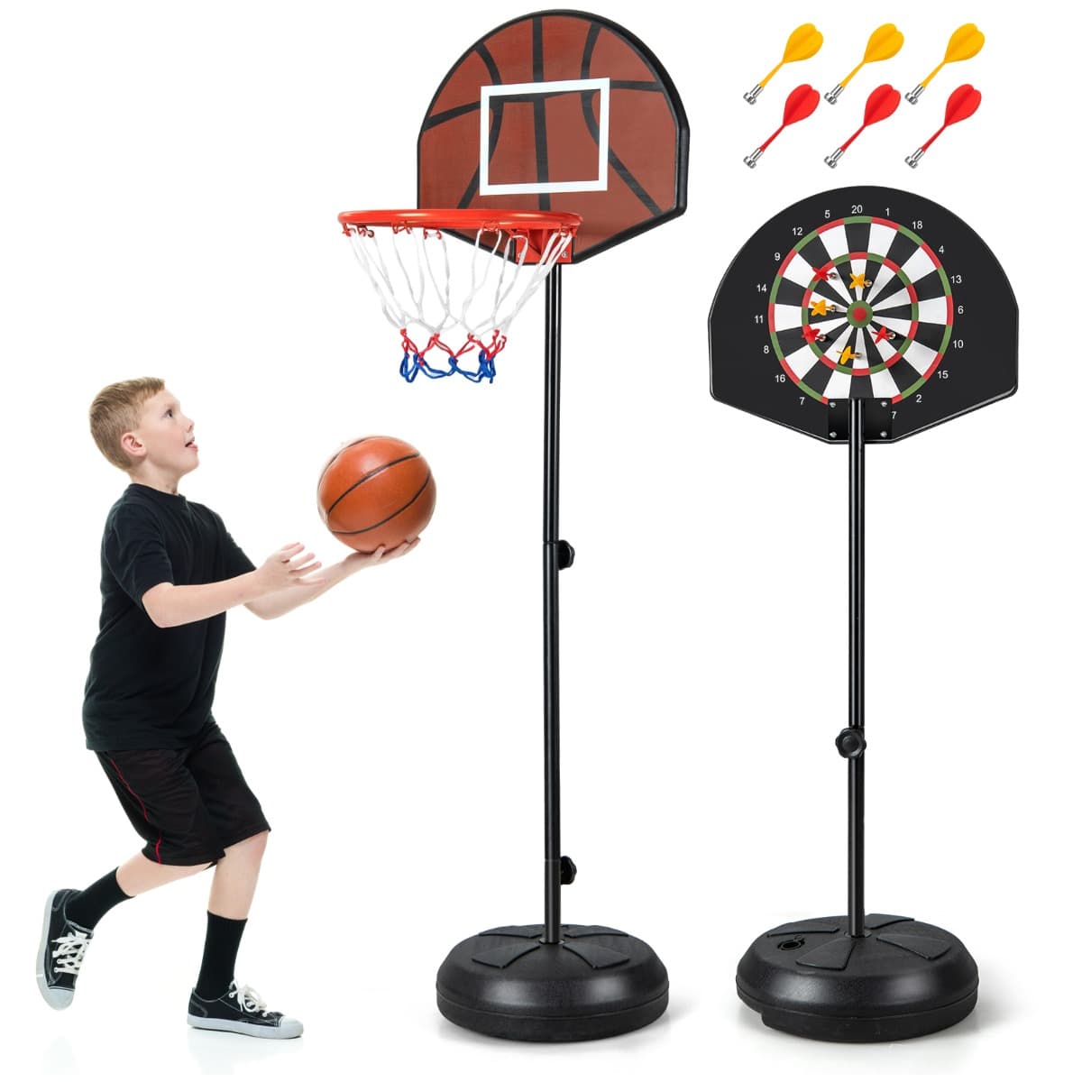 CostwayPanier de Basket-Ball Hauteur Réglable 130-180cm avec Cible de Fléchettes Panneau Arrière Double Face 6 Fléchettes Base Remplissable